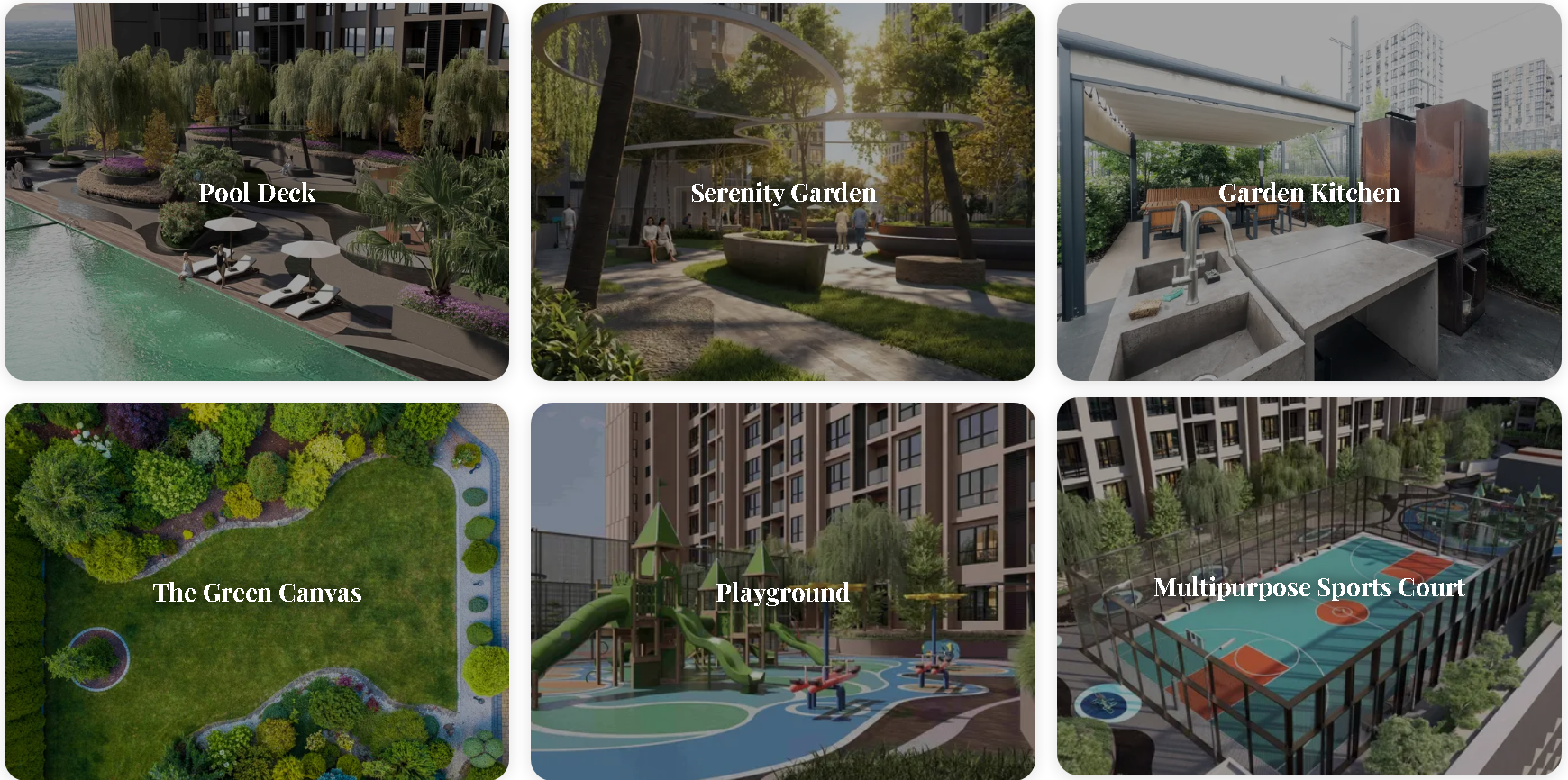 Parkland facilities including pool deck, serenity garden, garden kitchen, green canvas, playground and multipurpose sports court