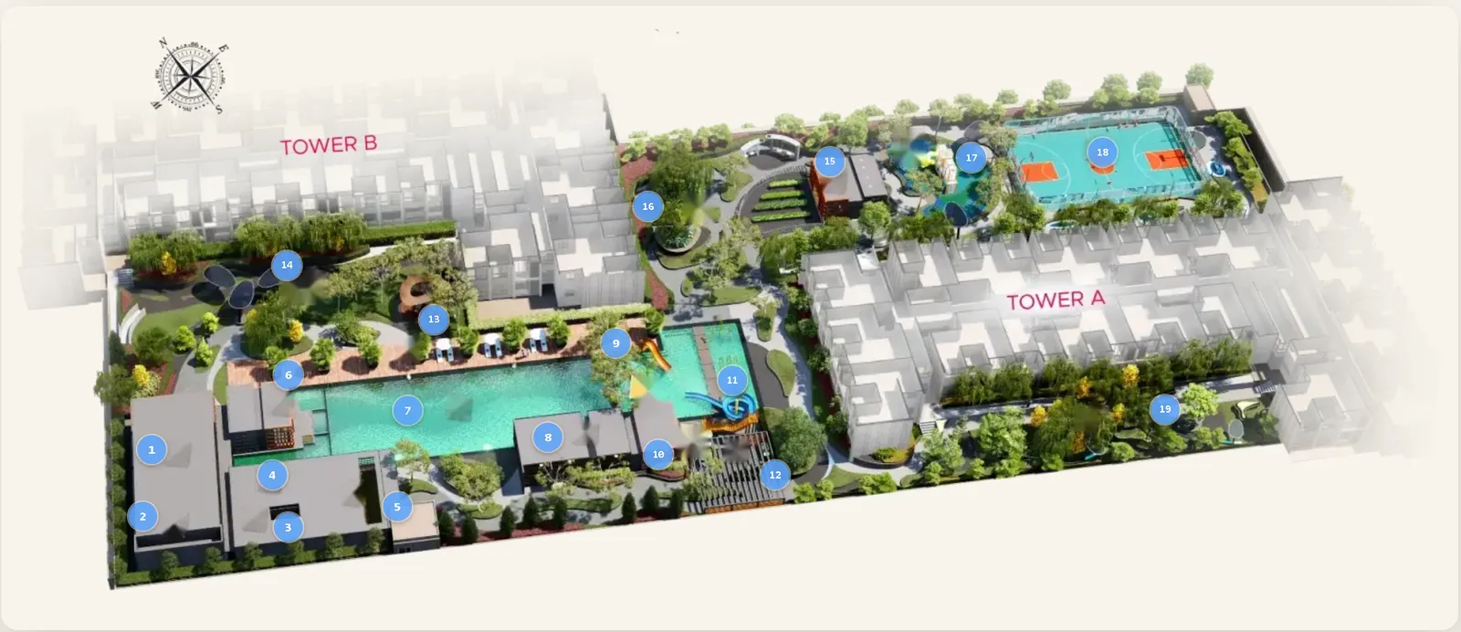 Parkland by the River facilities plan with pools, gardens and recreation spaces