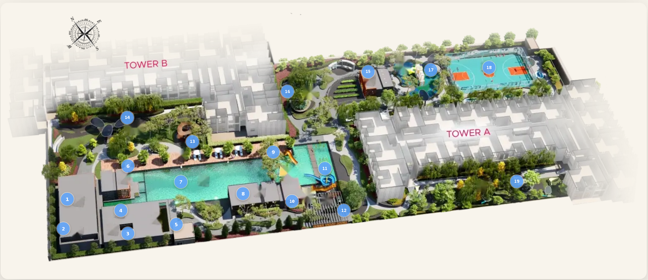 Parkland by the River facilities master plan showing pools, recreation spaces and landscaped grounds